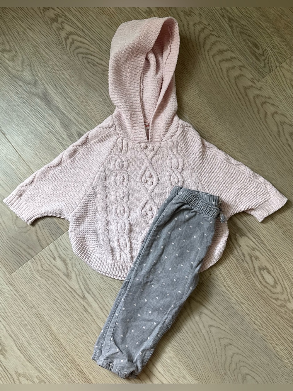 Toddler Girl Light Pink Poncho Sweater & Gray Corduroy Pants with Pink Hearts 💕